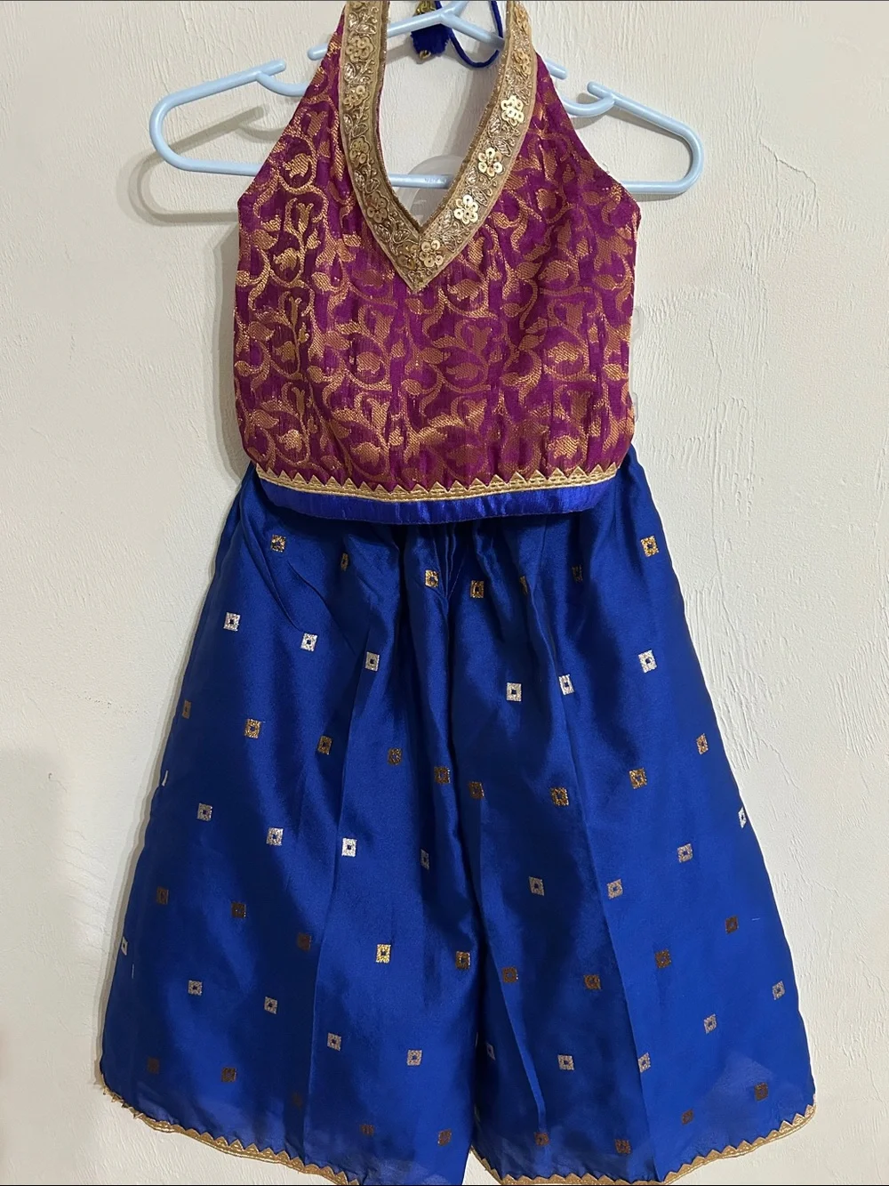 Kids Girls Indian Ethnic Wear Purple and Blue Embellished Halter & Pants 12-18M